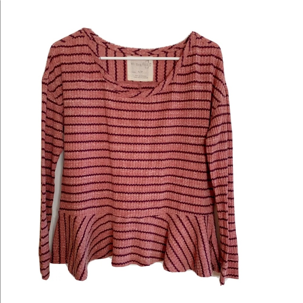 Free People We The Free Top Striped Pink Waffle Knit Henley Peplum Shirt Small